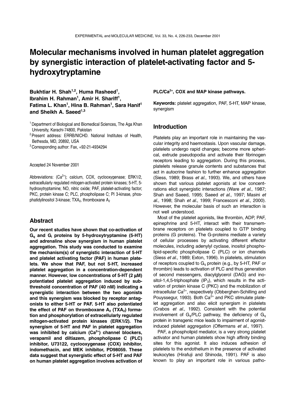 Molecular Mechanisms Involved in Human Platelet Aggregation by Synergistic Interaction of Platelet-Activating Factor and 5- Hydroxytryptamine