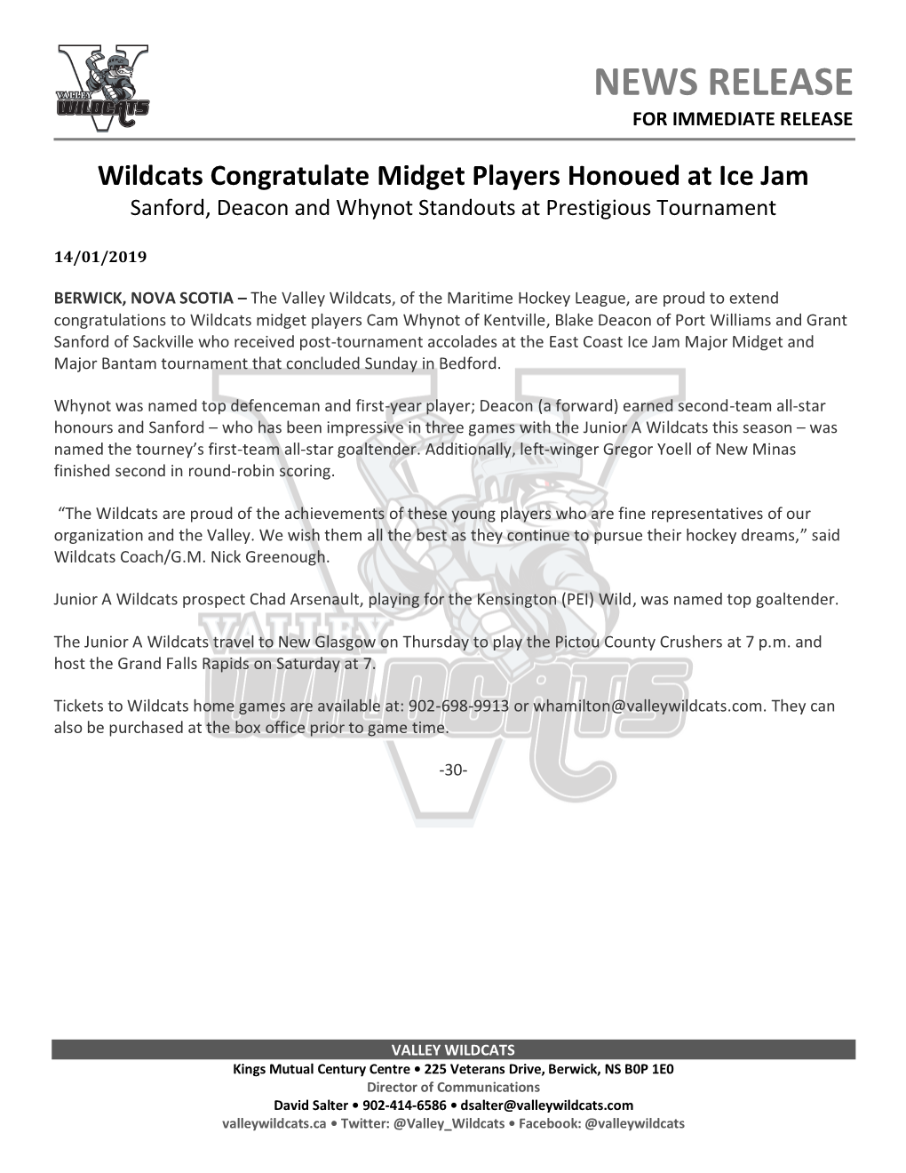 Wildcats Congratulate Midget Players Honoued at Ice Jam Sanford, Deacon and Whynot Standouts at Prestigious Tournament