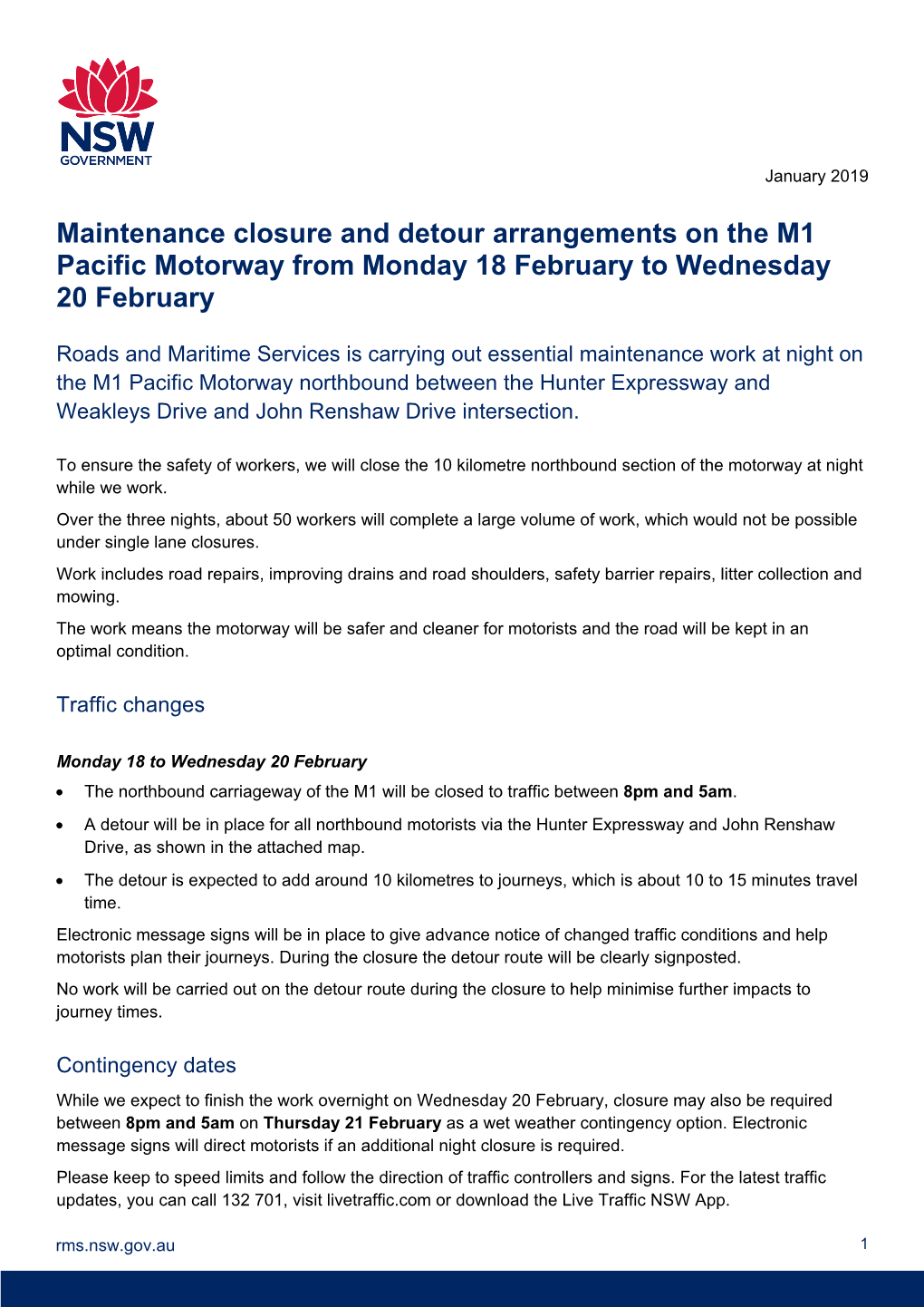 Maintenance Closure and Detour Arrangements on the M1 Pacific Motorway from Monday 18 February to Wednesday 20 February