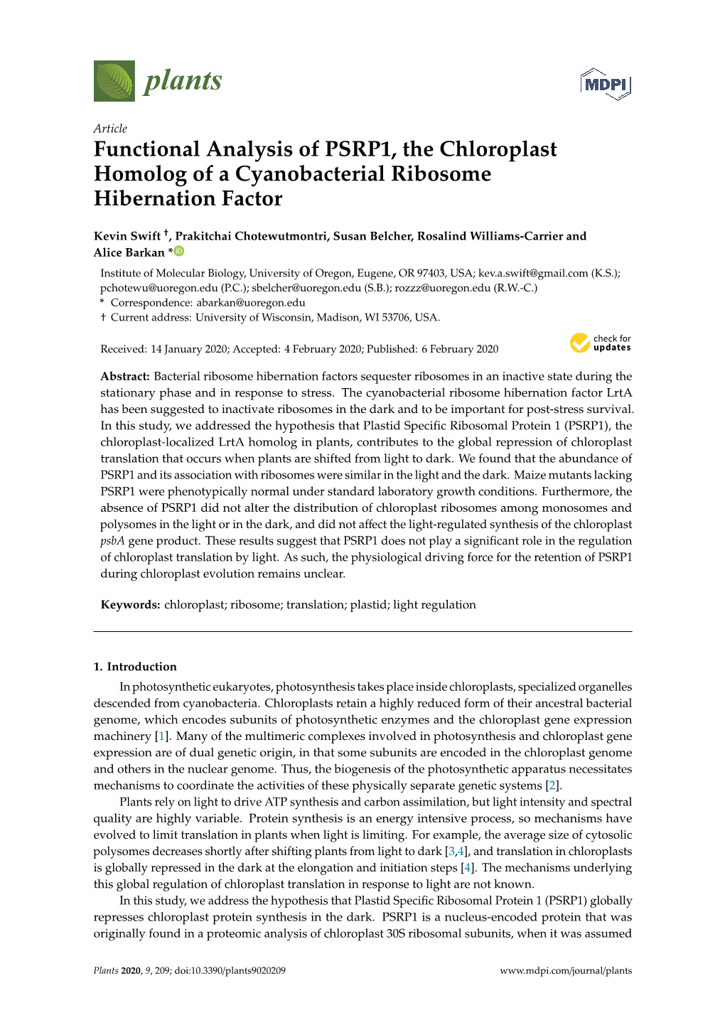 Functional Analysis of PSRP1, the Chloroplast Homolog of a Cyanobacterial Ribosome Hibernation Factor