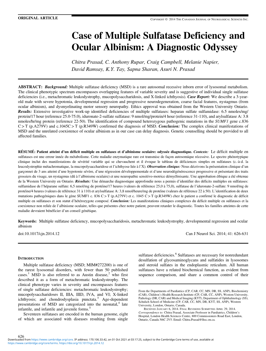 Case of Multiple Sulfatase Deficiency and Ocular Albinism: a Diagnostic Odyssey