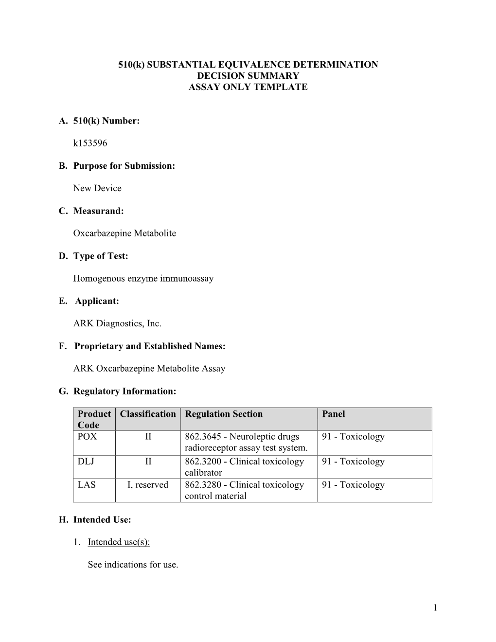 510(K) SUBSTANTIAL EQUIVALENCE DETERMINATION DECISION SUMMARY ASSAY ONLY TEMPLATE