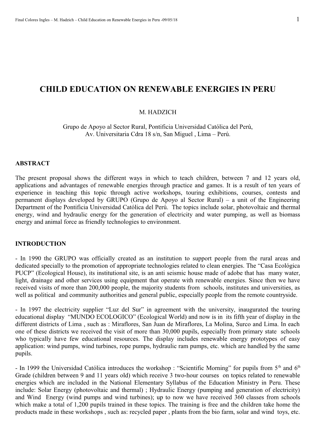 Child Education on Renewable Energies in Peru