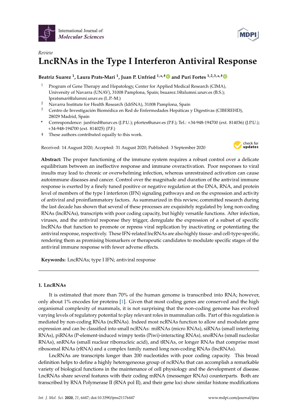 Lncrnas in the Type I Interferon Antiviral Response