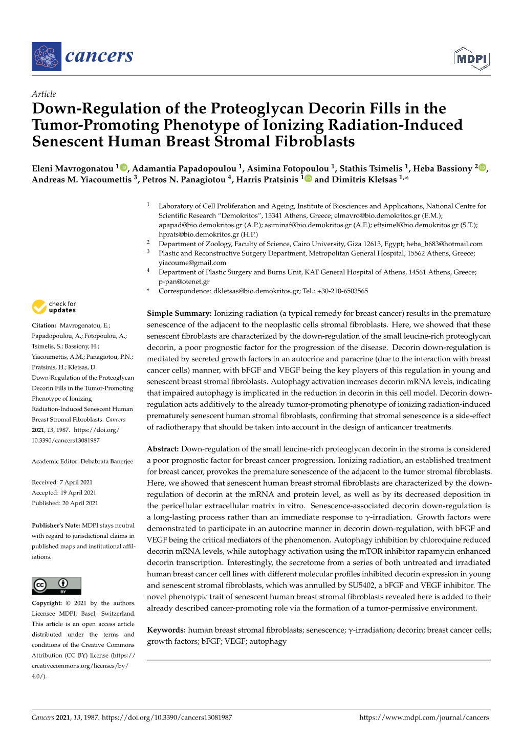 Down-Regulation of the Proteoglycan Decorin Fills in the Tumor-Promoting Phenotype of Ionizing Radiation-Induced Senescent Human Breast Stromal Fibroblasts