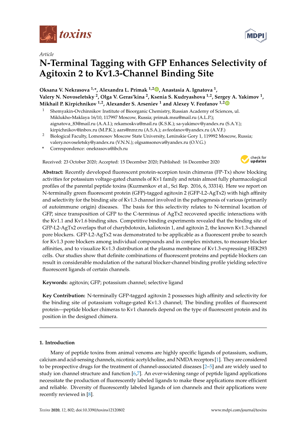 N-Terminal Tagging with GFP Enhances Selectivity of Agitoxin 2 to Kv1.3-Channel Binding Site