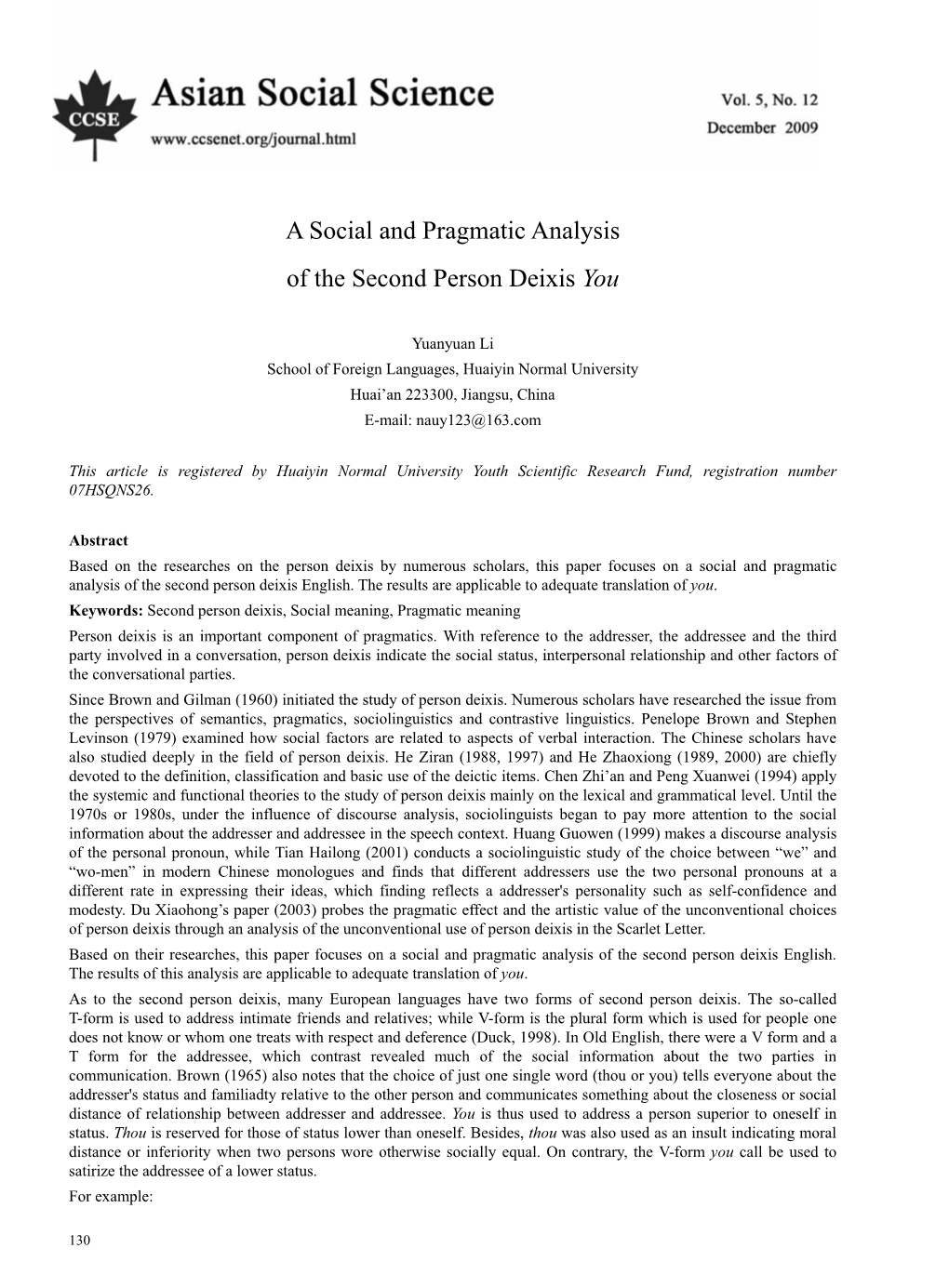 A Social and Pragmatic Analysis of the Second Person Deixis You