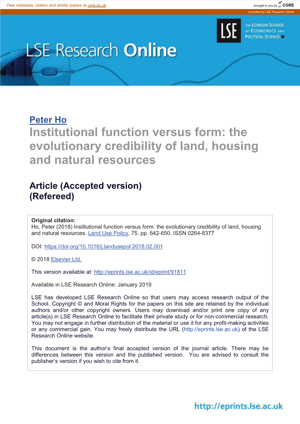 Institutional Function Versus Form: the Evolutionary Credibility of Land, Housing and Natural Resources