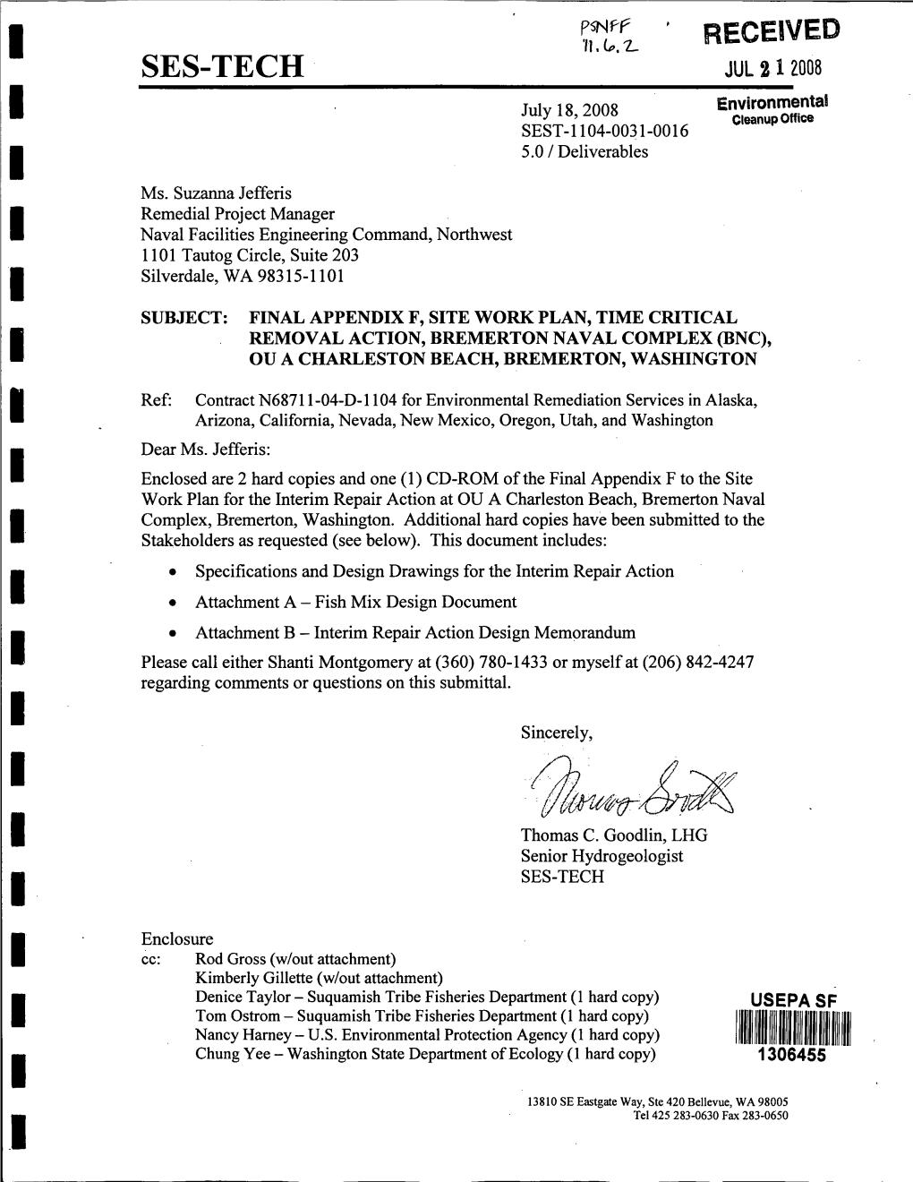 Final Appendix F, Site Work Plan, Time Critical Removal Action for OU a Charleston Beach with Attached Transmittal Letter