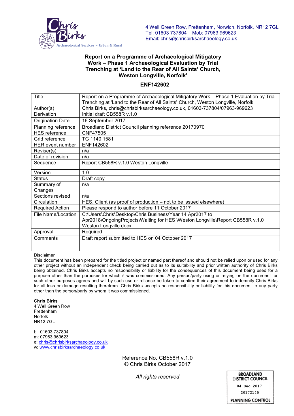 Report CB558R V.1.0 Weston Longville PARTA