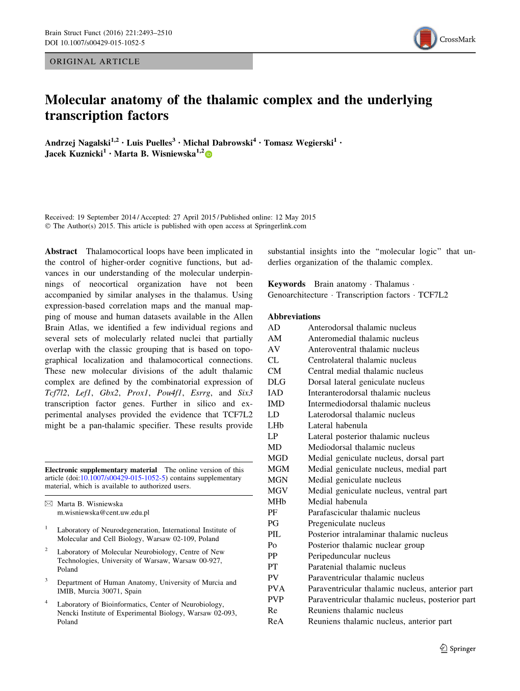 Molecular Anatomy of the Thalamic Complex and the Underlying Transcription Factors