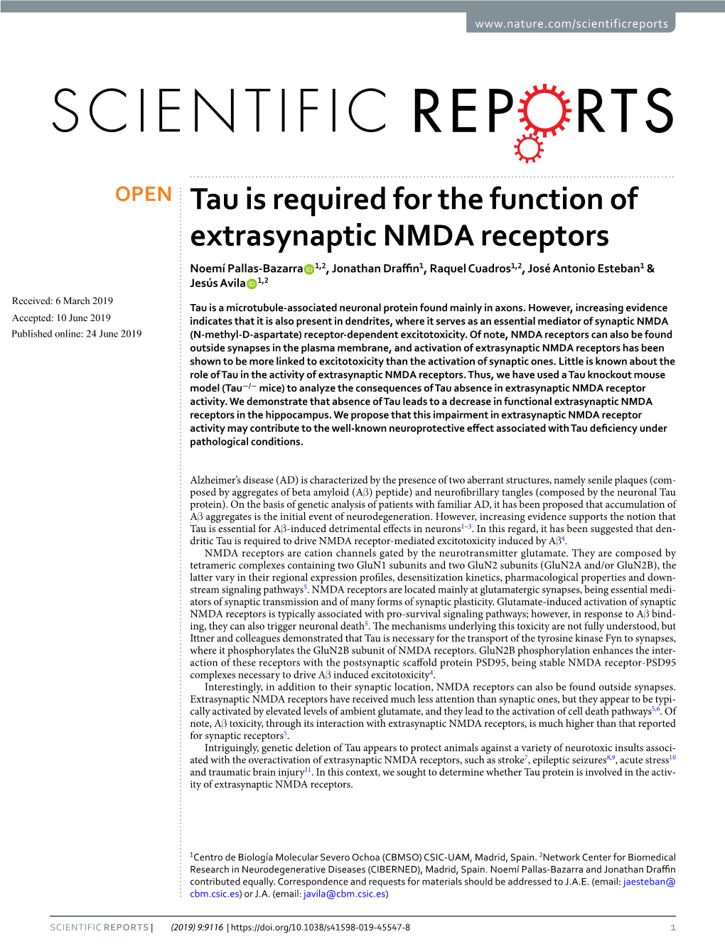 Tau Is Required for the Function of Extrasynaptic NMDA Receptors