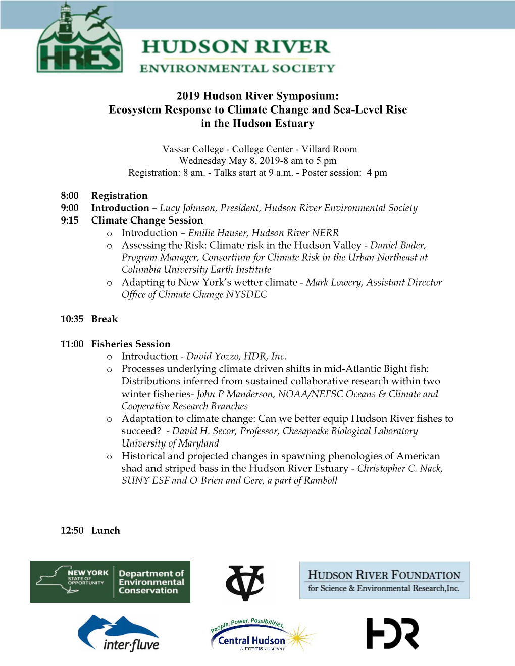 2019 Hudson River Symposium: Ecosystem Response to Climate Change and Sea-Level Rise in the Hudson Estuary