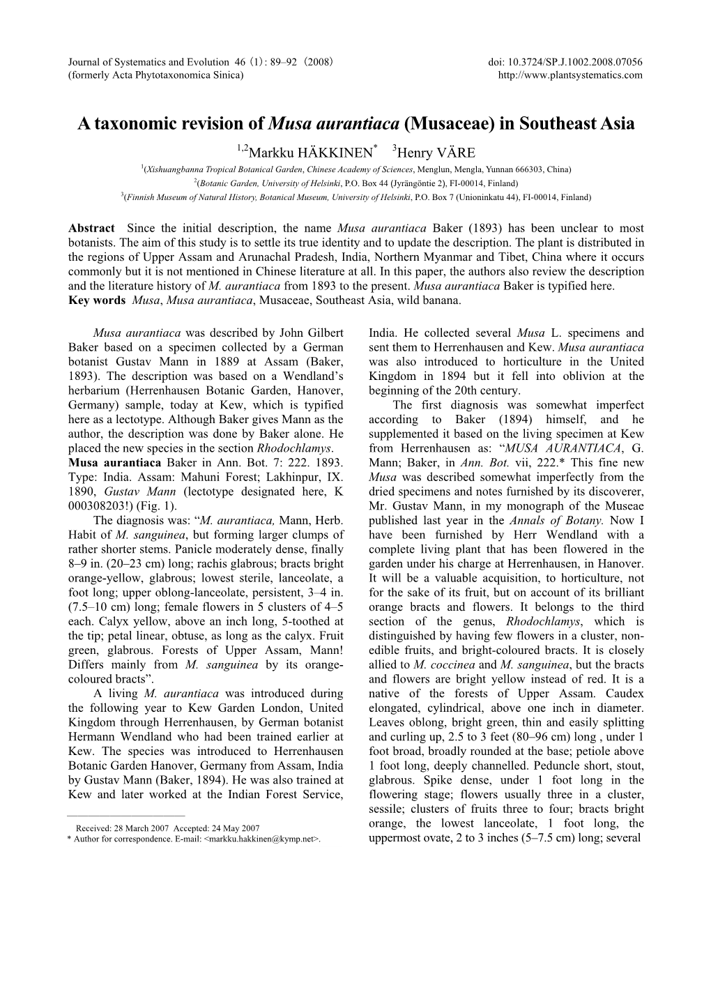 A Taxonomic Revision of Musa Aurantiaca (Musaceae)