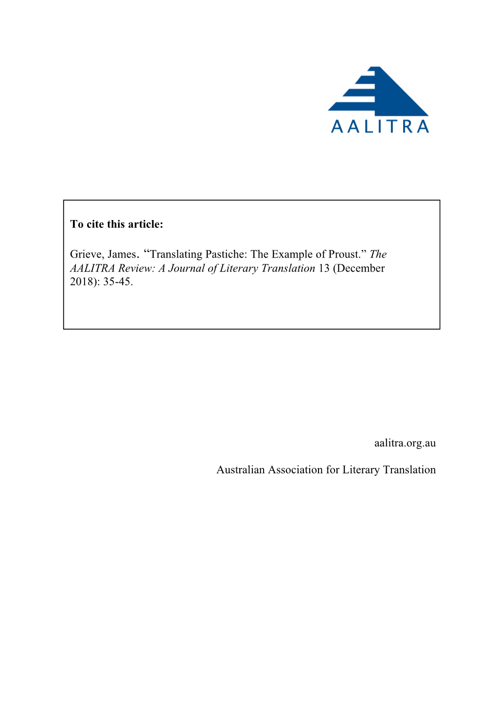 The AALITRA Review: a Journal of Literary Translation 13 (December 2018): 35-45