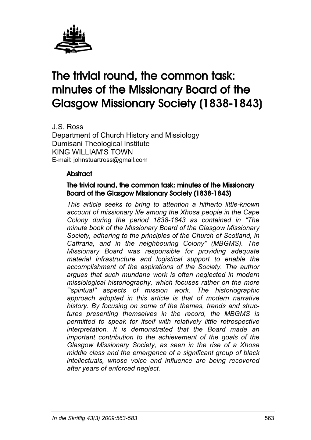 The Trivial Round, the Common Task: Minutes of the Missionary Board of the Glasgow Missionary Society (1838-1843)