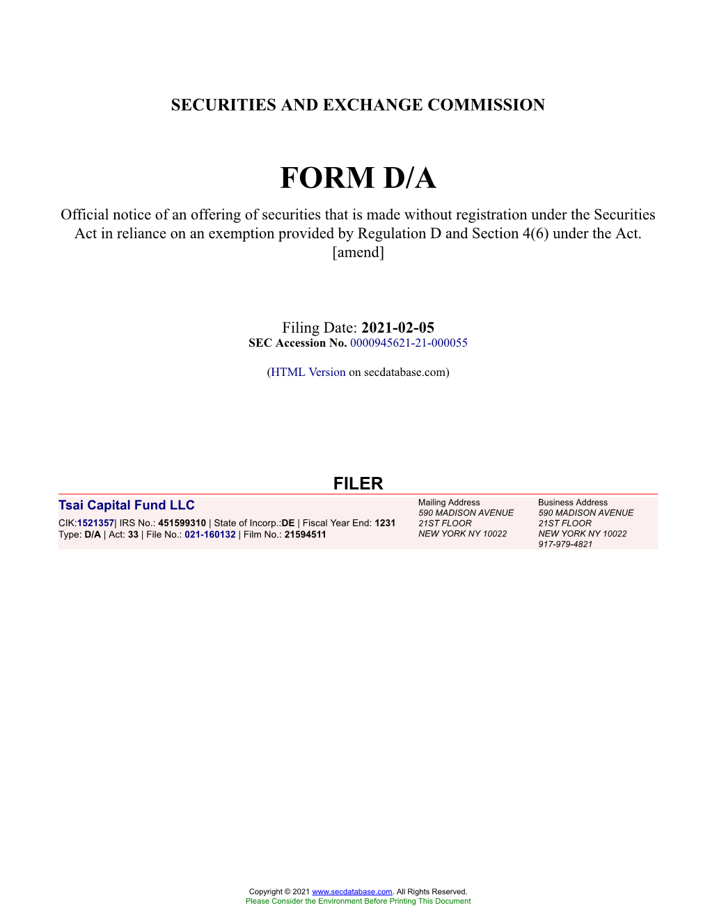 Tsai Capital Fund LLC Form D/A Filed 2021-02-05