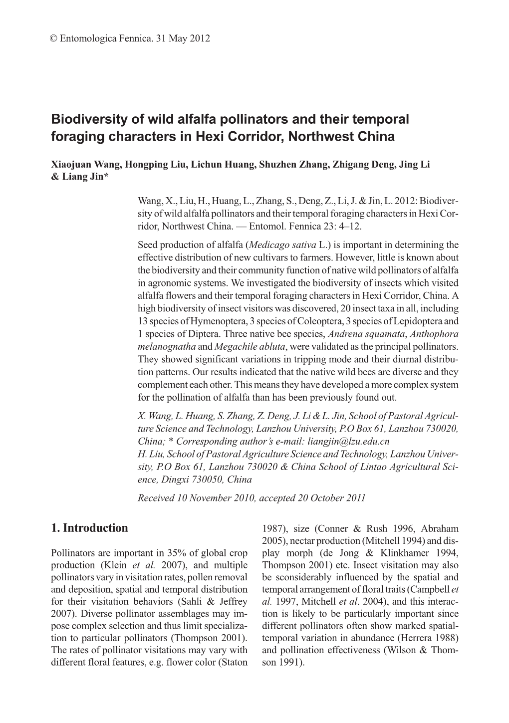 Biodiversity of Wild Alfalfa Pollinators and Their Temporal Foraging Characters in Hexi Corridor, Northwest China