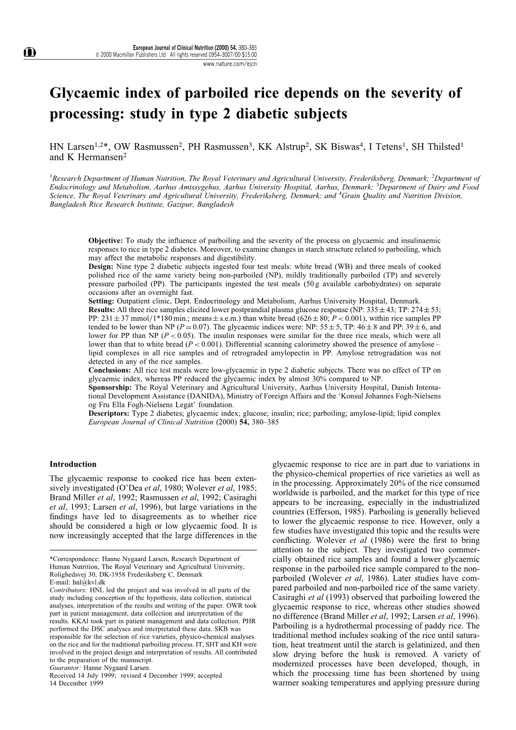 Glycaemic Index of Parboiled Rice Depends on the Severity of Processing: Study in Type 2 Diabetic Subjects