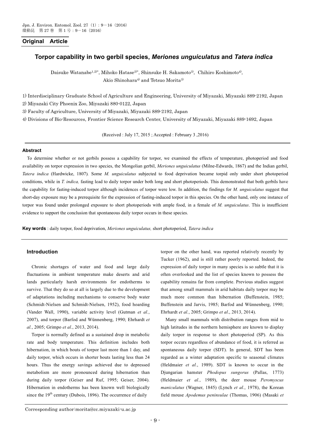 Torpor Capability in Two Gerbil Species, Meriones Unguiculatus and Tatera Indica