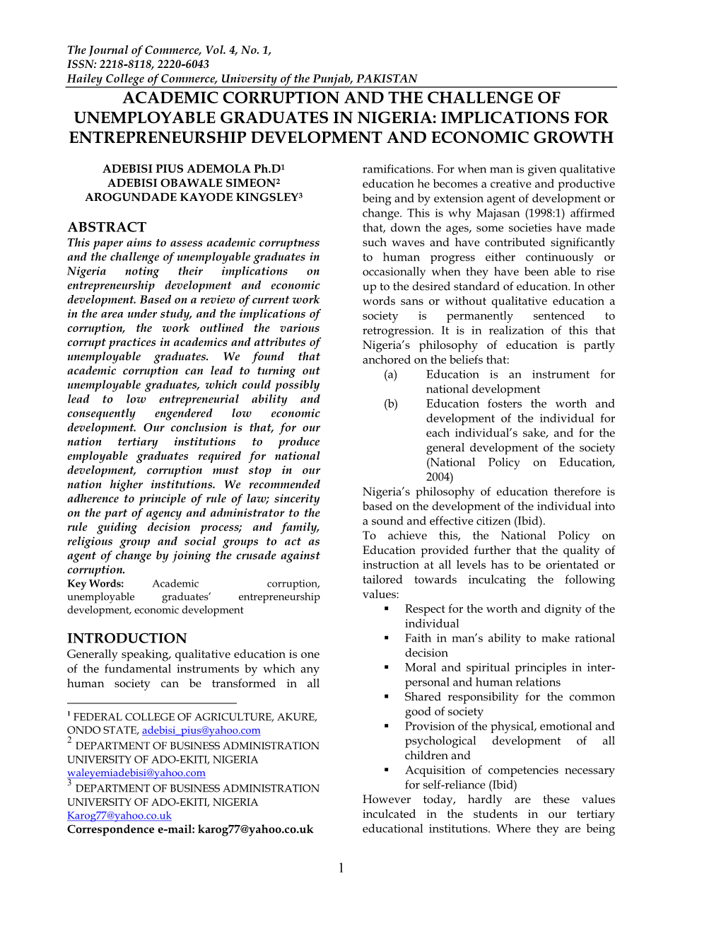 Academic Corruption and the Challenge of Unemployable Graduates in Nigeria: Implications for Entrepreneurship Development and Economic Growth