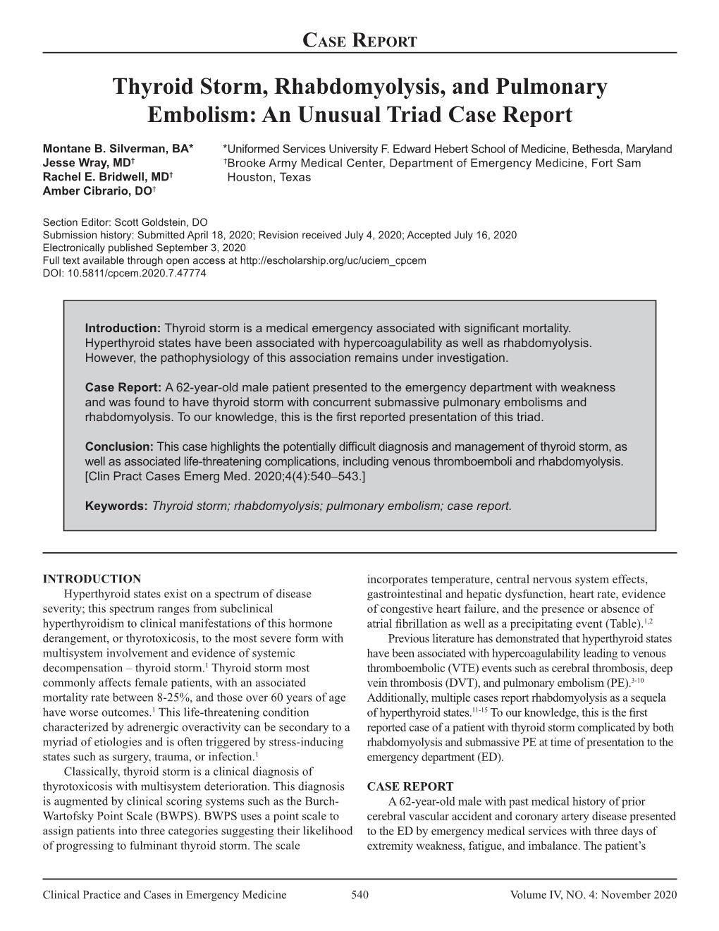 Thyroid Storm, Rhabdomyolysis, and Pulmonary Embolism: an Unusual Triad Case Report