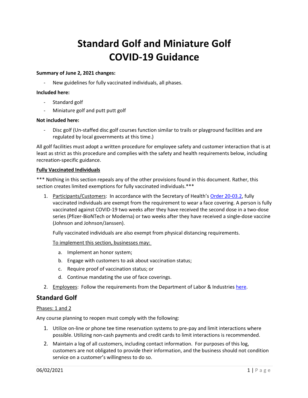 Standard Golf and Miniature Golf COVID-19 Guidance