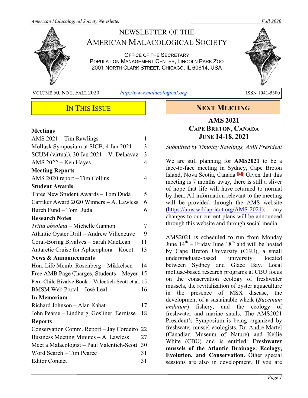 Newsletter of the American Malacological Society Ams