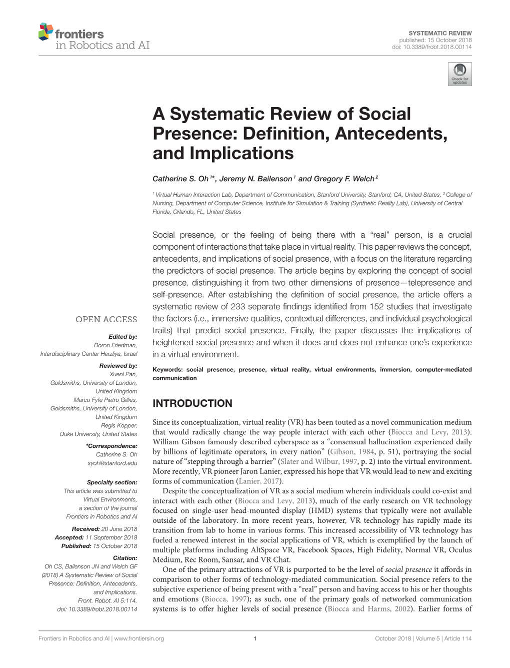 A Systematic Review of Social Presence: Definition, Antecedents