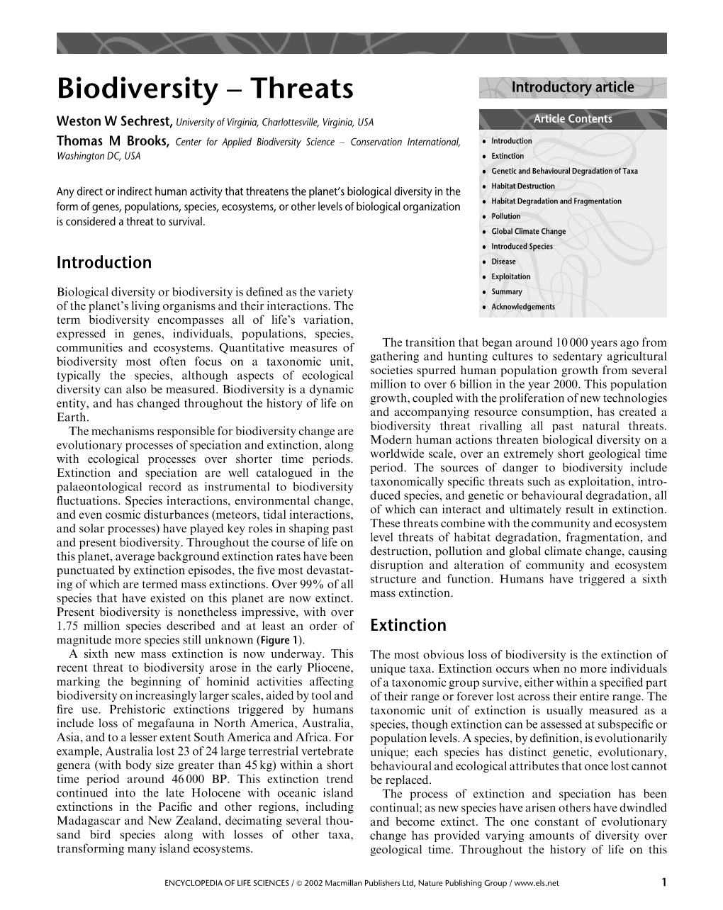 Biodiversity – Threats Introductory Article