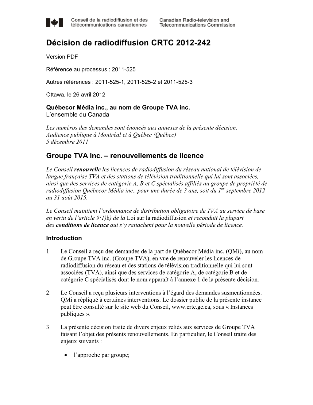 Décision De Radiodiffusion CRTC 2012-241