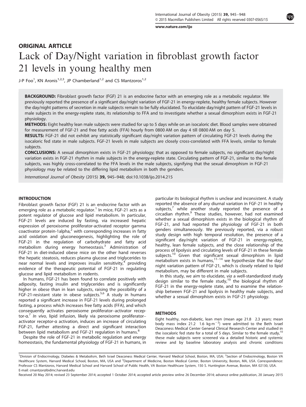 Night Variation in Fibroblast Growth Factor 21 Levels in Young