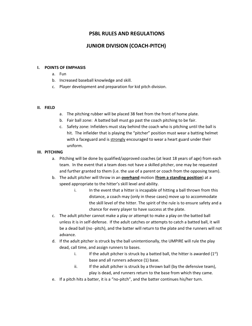 Psbl Rules and Regulations Junior Division (Coach-Pitch)