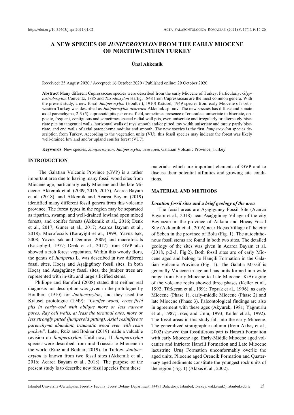 A New Species of Juniperoxylon from the Early Miocene of Northwestern Turkey