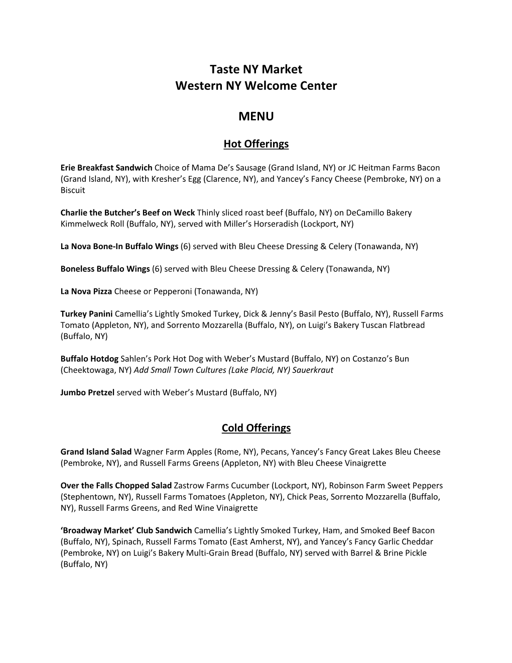 WNYWC Menu Product List