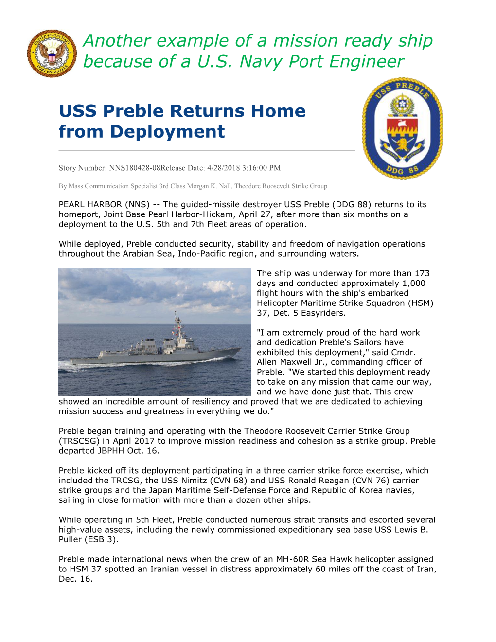 USS Preble Returns Home from Deployment