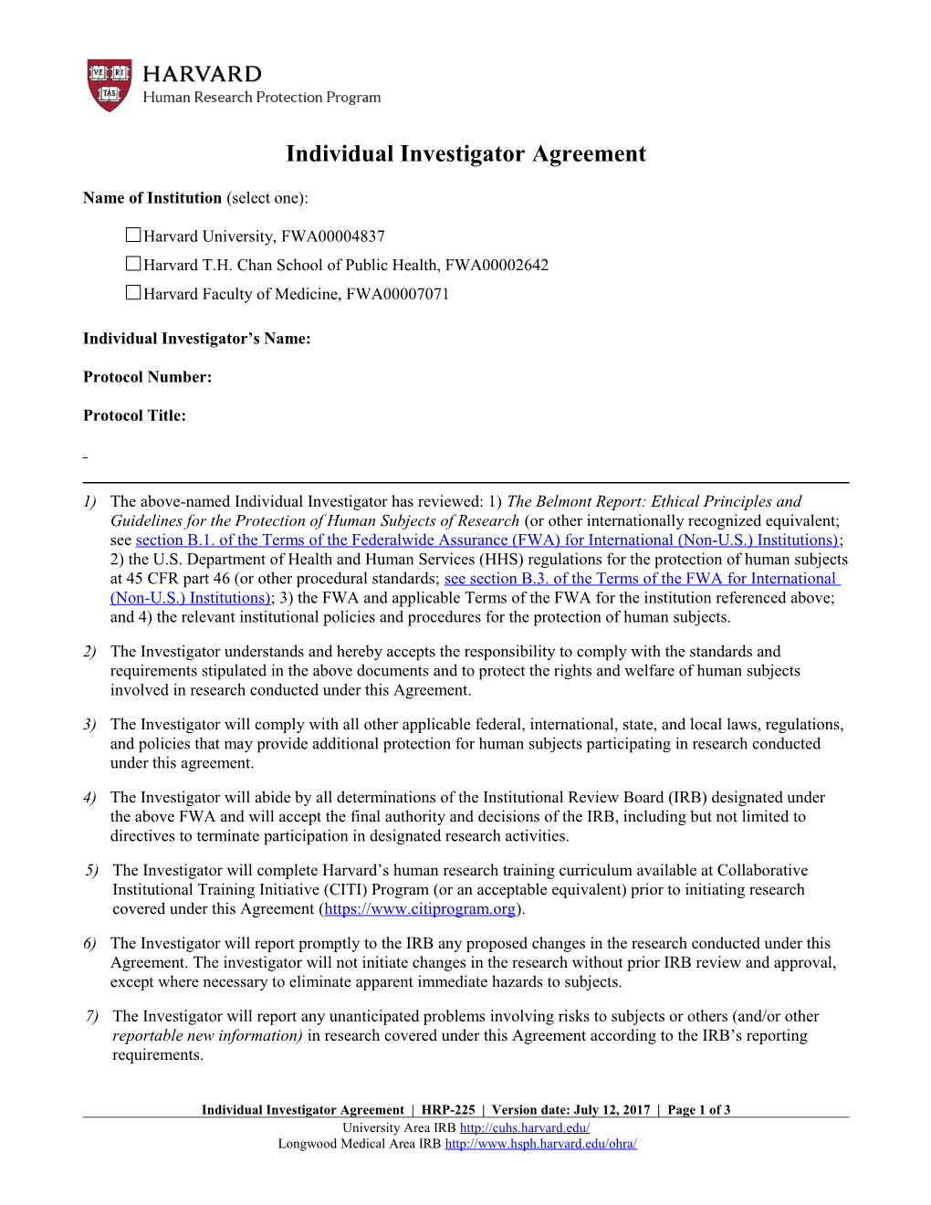 Individual Investigator Agreement