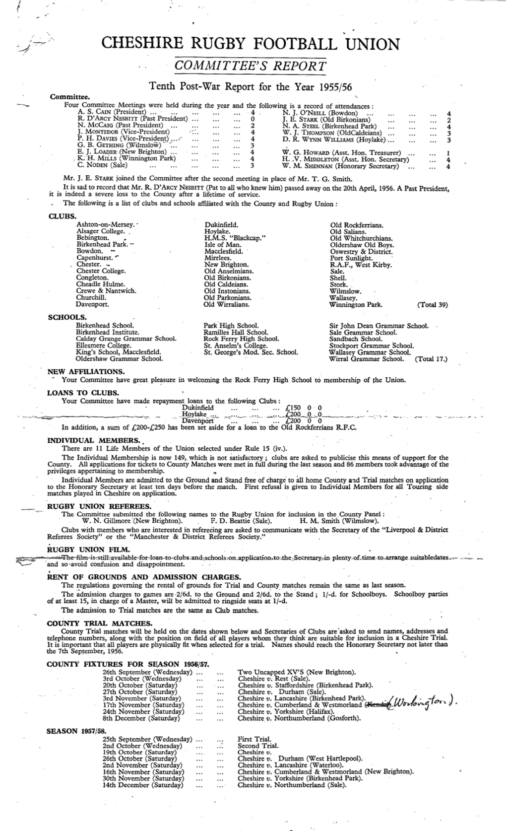 CHESHIRE RUGBY FOOTBALL UNION COMMITTEE's REPORT Tenth Post-War Re.Port for the Year 1955/56 Committee