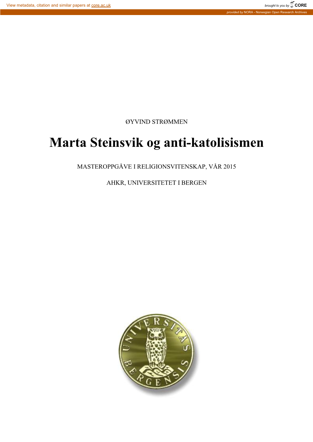 Marta Steinsvik Og Anti-Katolisismen