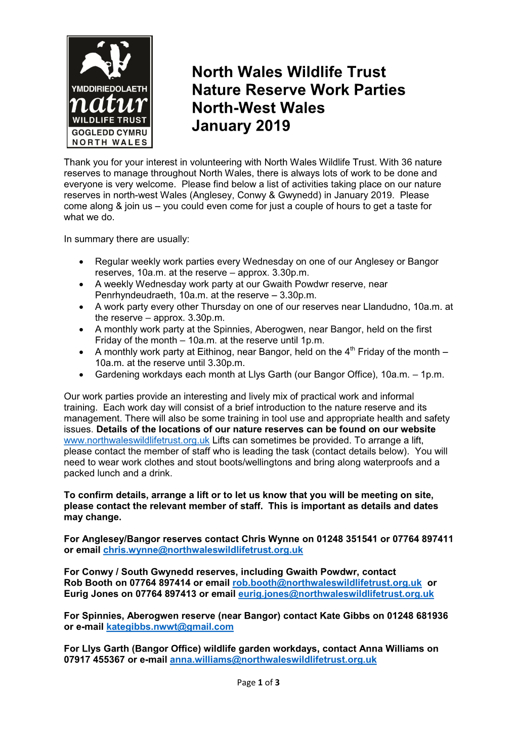 North Wales Wildlife Trust Nature Reserve Work Parties North-West Wales January 2019