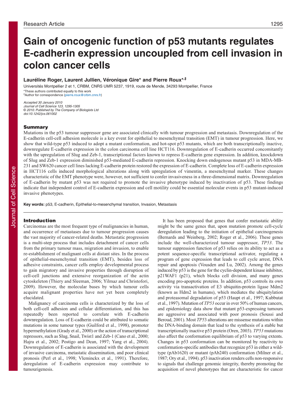 Gain of Oncogenic Function of P53 Mutants Regulates E-Cadherin Expression Uncoupled from Cell Invasion in Colon Cancer Cells