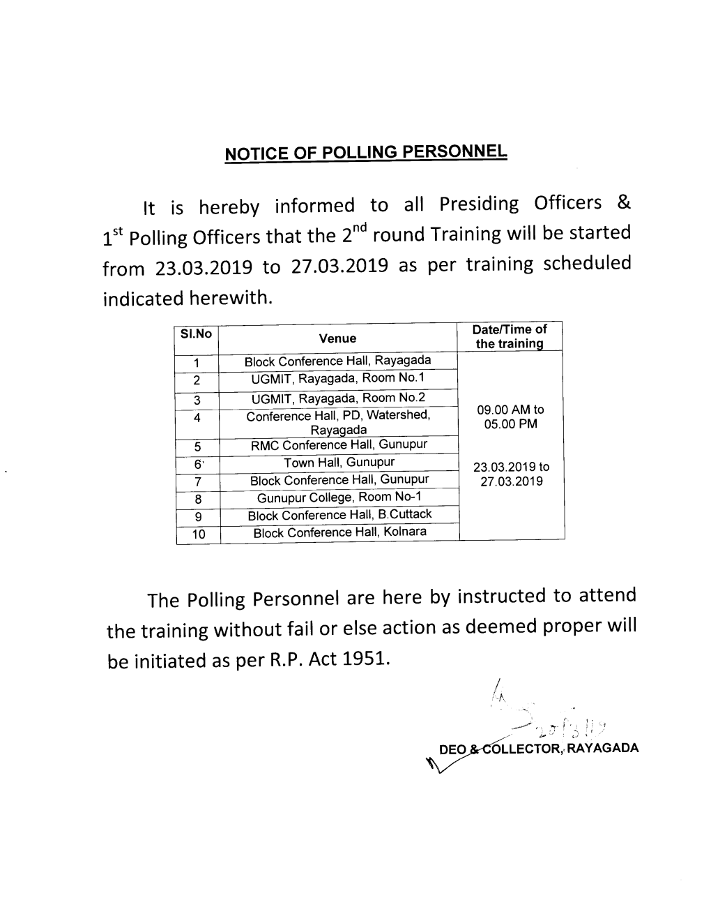 1" Polling Officers That the 2Nd Round Training Will Be Started from 23.03.2019 to 27.03.20L9 As Per Training Scheduled Indicated Herewith