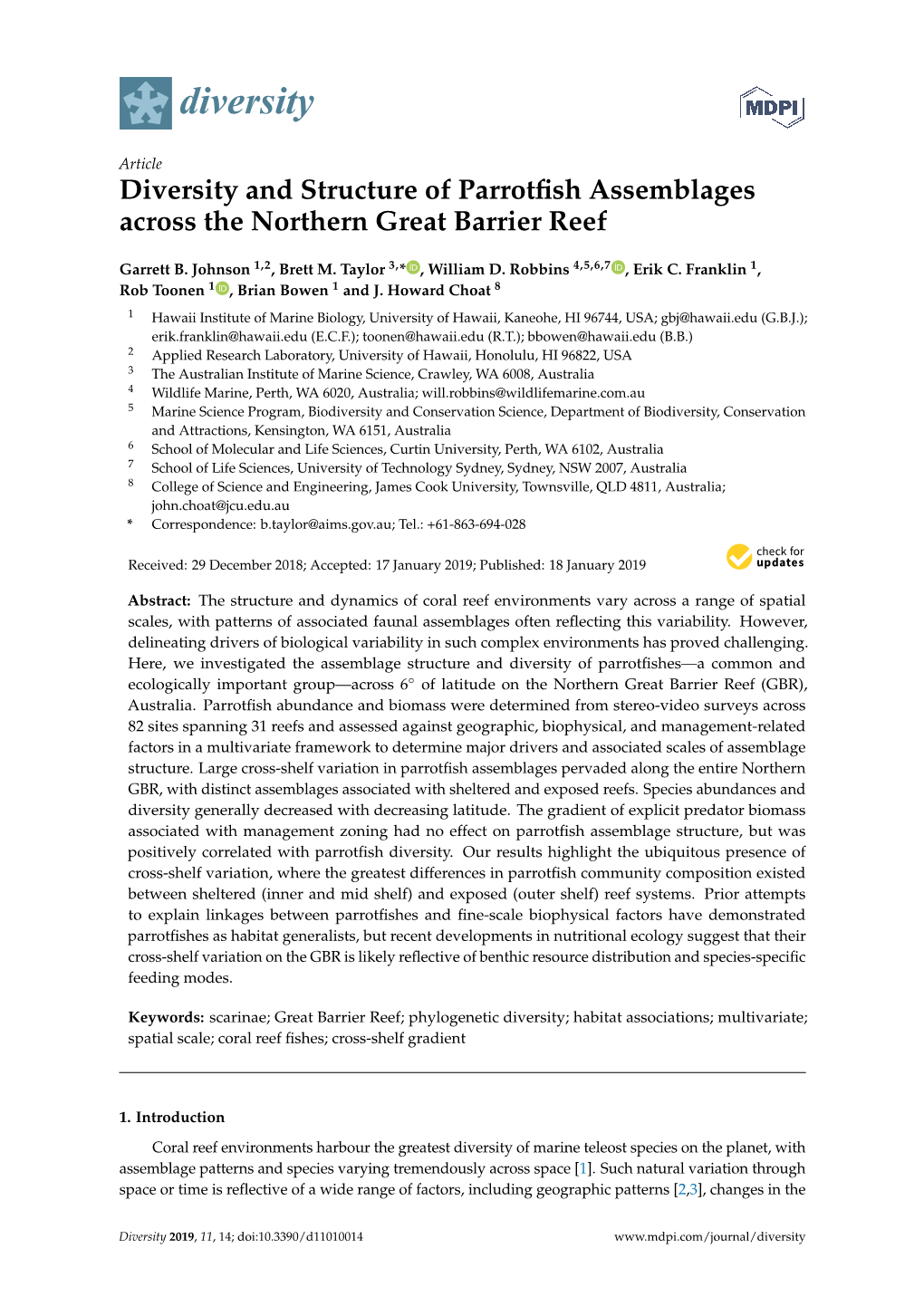 Diversity and Structure of Parrotfish Assemblages Across the Northern Great Barrier Reef