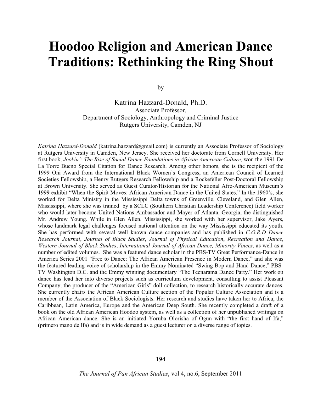 Hoodoo Religion and American Dance Traditions: Rethinking the Ring Shout