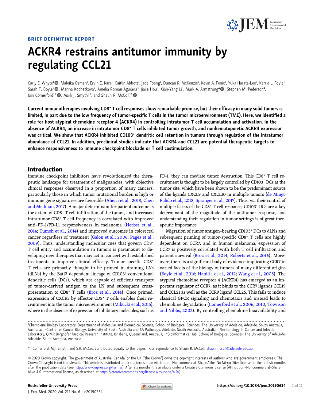 ACKR4 Restrains Antitumor Immunity by Regulating CCL21