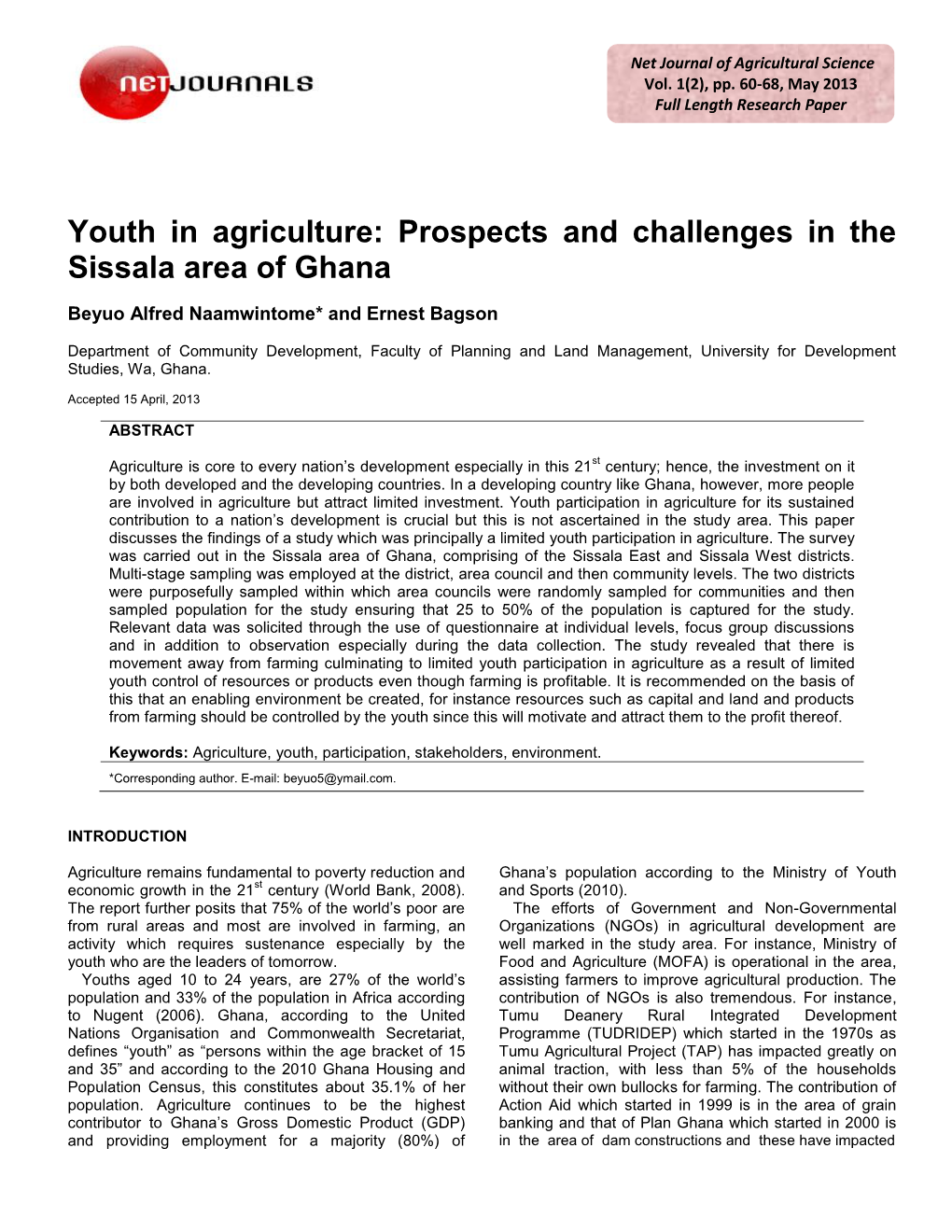 Youth in Agriculture: Prospects and Challenges in the Sissala Area of Ghana