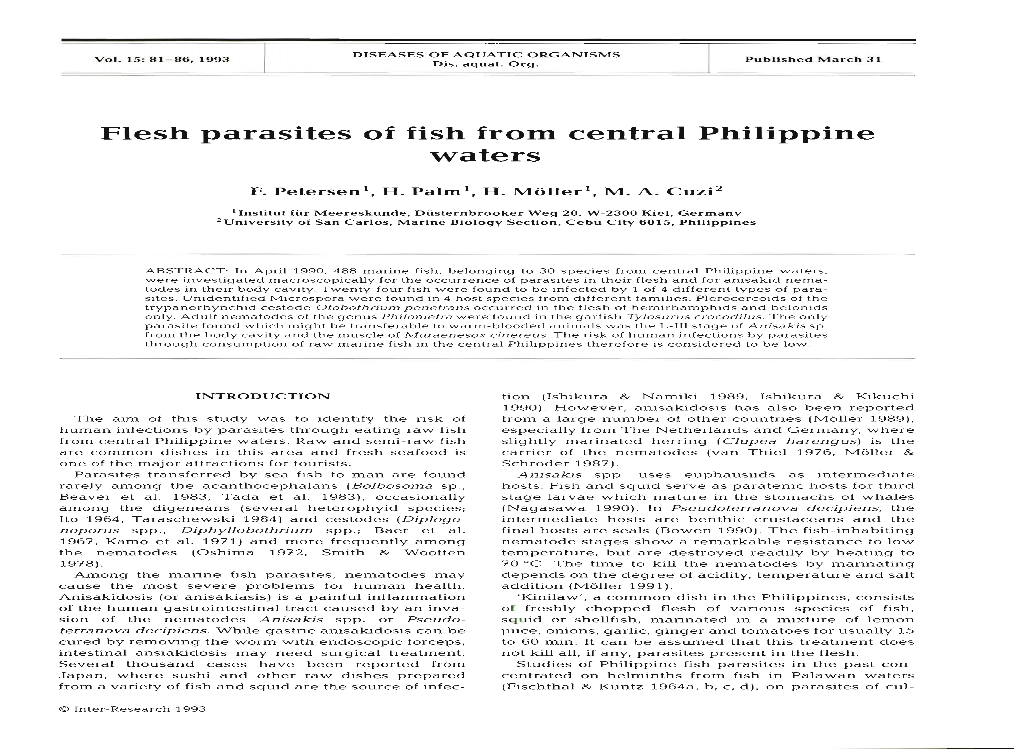 Flesh Parasites of Fish from Central Philippine Waters