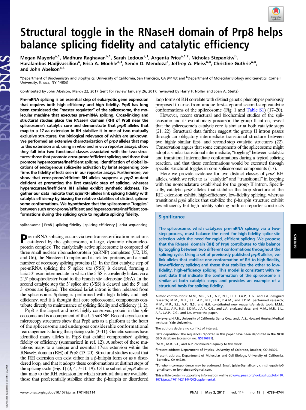 Structural Toggle in the Rnaseh Domain of Prp8 Helps Balance Splicing Fidelity and Catalytic Efficiency