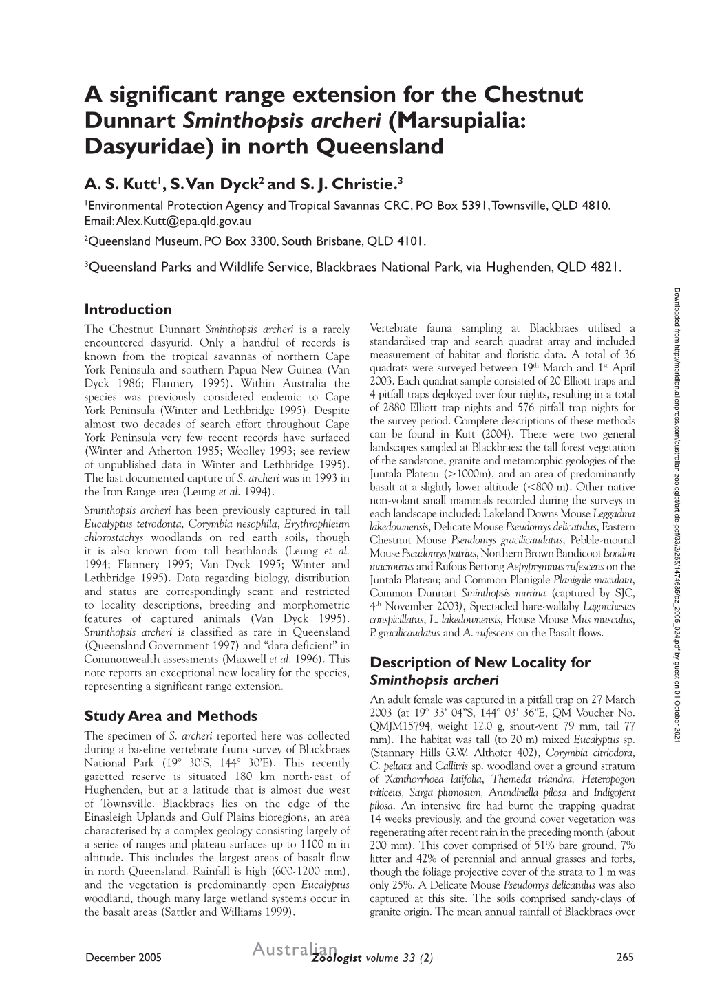 A Significant Range Extension for the Chestnut Dunnart Sminthopsis Archeri (Marsupialia: Dasyuridae) in North Queensland