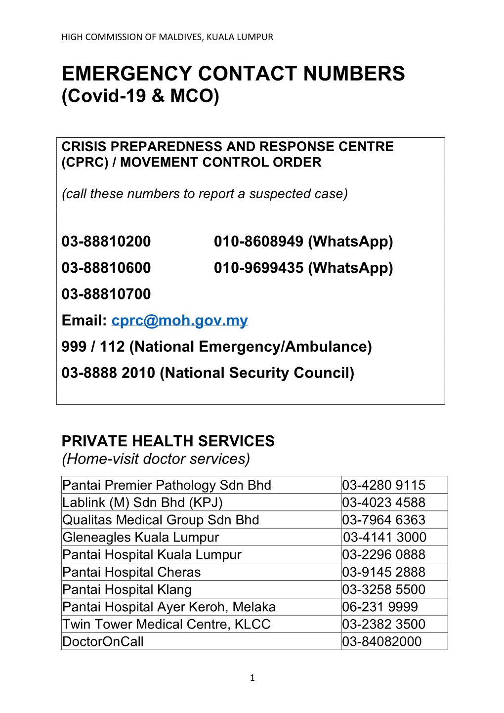 EMERGENCY CONTACT NUMBERS (Covid-19 & MCO)